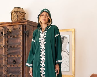 Green Embroidered Hooded Caftan, Egyptian Cotton Summer Dress