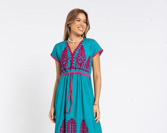 Vestido túnica verde bordado, vestido túnica bohemio, túnica de verano, túnica de playa, túnica de resort, túnica hippie, caftán verde