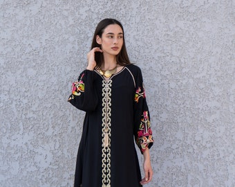 Boho Black Kaftan Maxi Dress, Colorful Embroidered Cotton, Long Sleeve Caftan