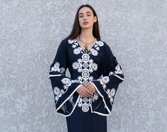 Navy Blue Embroidered Kaftan Maxi Dress, Egyptian Cotton Blend, Chic Caftan Women