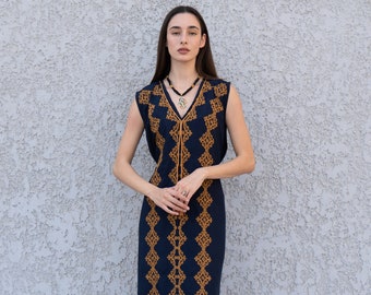 Chic sleeveless Navy blue embroidered caftan, elegant embroidered Caftan dress, Caftan maxi dress, Caftans for women, Cotton caftans summer