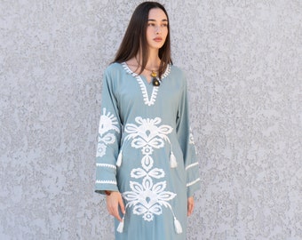 Embroidered Mint Cotton Caftan Dress, Boho Egyptian Style Summer Kaftan