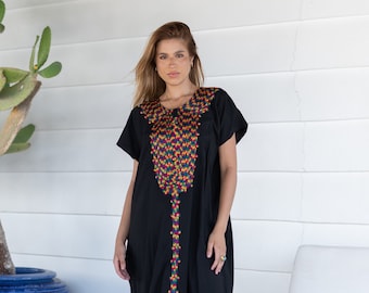 Black Embroidered Kaftan, Colorful Boho Summer Dress, One Size Egyptian Cotton Blend
