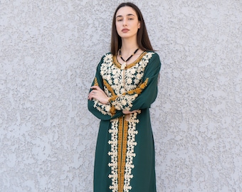 Chic Green gold embroidered Caftan, caftans for women, Kaftans, embroidered Caftan dress, Caftan maxi dress, Caftans for women, Caftans