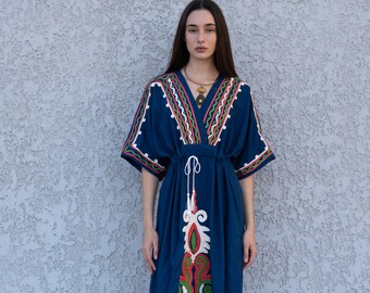 Navy Blue Embroidered Cotton Kaftan Dress, Bohemian Summer Beach Cover-up