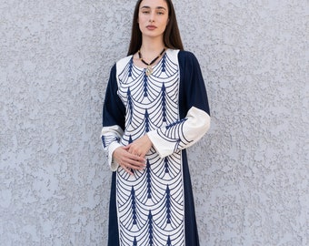 Navy Blue Embroidered Kaftan Maxi Dress, Egyptian Cotton Women Caftan