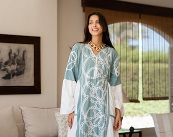 Embroidered Egyptian Cotton Caftan Maxi Dress, Flowy Chic Kaftan for Women