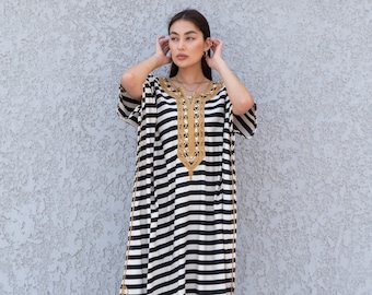 Gestreiftes besticktes Kaftan Kleid, Boho Polyester Kaftan für Frauen