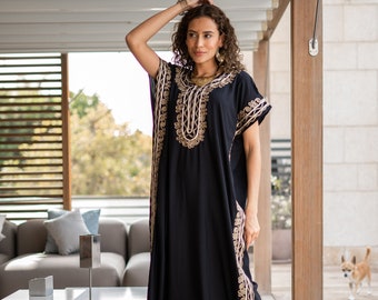 Black Gold Embroidered Caftan, Egyptian Cotton Blend, Free Size Summer Dress