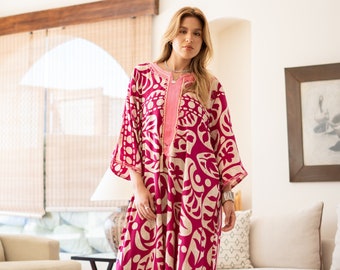 Chic pink print Summer embroidered Kaftan, Caftan, caftans for women, Boho Kaftan dress, Caftans for women, summer kaftans, women