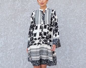 Summer Black print Tunic button up dress, caftan dress, caftans for women, Boho Kaftan dress, Caftans for women, long summer kaftan, 10-23