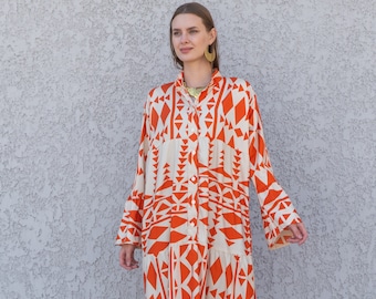 Boho Orange Flared sleeves print Summer Kaftan, Caftan, caftans for women, Boho Kaftan dress, Caftans for women, summer kaftans, women