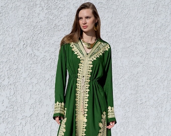 Green Royal Embroidered Caftan, Egyptian Cotton Blend Summer Dress