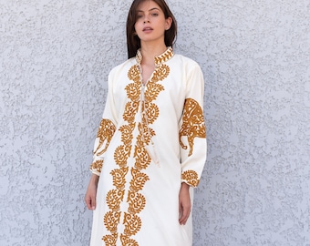 Beautiful White Cotton caftan for women, embroidered long sleeve Kaftan, Caftan maxi dress, Caftans for women, cotton caftan, caftans