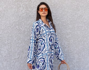 Belle robe caftan imprimée bleue, caftans pour femmes, robe caftan bohème, caftans pour femmes, caftan long d'été, caftans, caftan