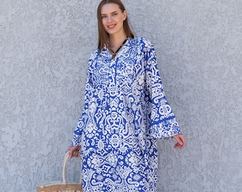 Belle robe caftan bleue imprimée, caftans pour femmes, robe caftan bohème, caftans pour femmes, caftan long d'été, caftans, caftan