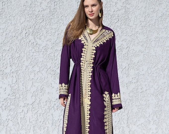 Purple Royal Embroidered Caftan, Egyptian Cotton Blend Summer Dress