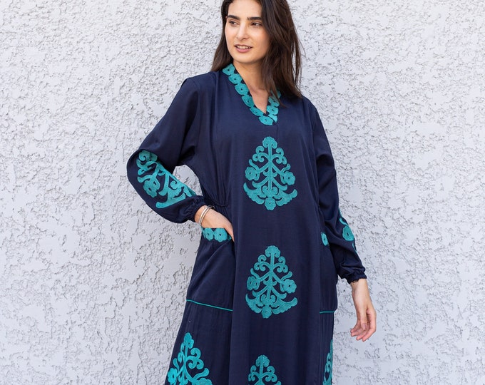Navy Blue Embroidered Cotton Caftan Pocket Caftans for Women - Etsy