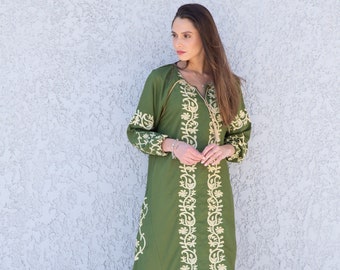Embroidered Cotton Caftan Dress, Boho Green Maxi, Egyptian Cotton Blend
