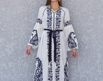 Chic White Egyptian cotton kaftan dress, embroidered tunic kaftan dress, caftans for women, cotton Summer caftan, party, casual dress