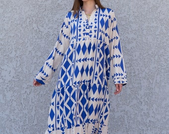 Belle robe caftan imprimée bleue, caftans pour femmes, robe caftan bohème, caftans pour femmes, caftan long d'été, caftans, caftan