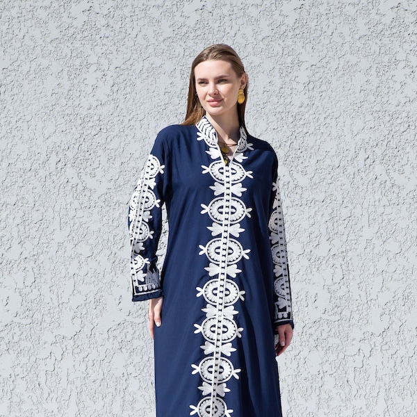 Elegant navy blue embroidered kaftan dress, Cotton caftan dress, Long sleeve caftan, Chic embroidered caftan, High quality Egyptian cotton