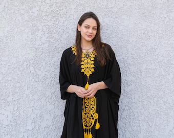 Schwarzes Boho Kaftan Kleid, Bestickte Leinen-Look Sommer Tunika