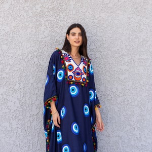 Navy Blue greek eye caftan, Embroidered Cotton caftan, Plus size Kaftan, Free size Bohemian Caftan, Cotton Kaftan, Exotic Kaftan, Caftan