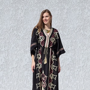 Black embroidered caftan with belt, Cotton caftan dress, African women clothing, Boho maxi dress, Bohemian maxi dress, Boho summer caftan