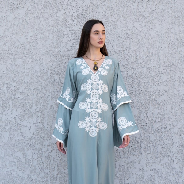 Mint wedding embroidered Kaftan maxi dress, Kaftan maxi, Cotton caftan women, caftan, Chic embroidered caftan, Egyptian cotton 10-23