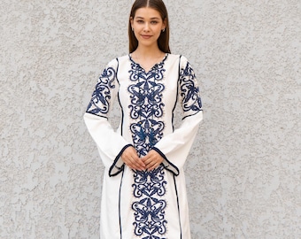 Vestido caftán blanco bordado – Caftán marroquí de algodón egipcio