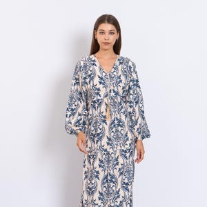 Blue Print Viscose Maxi Dress – Puffy Sleeve Boho Caftans for Women – Lightweight Flowy Long Dress – Casual Summer Resort Outfit