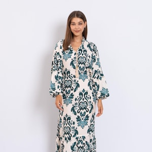 Teal Print Viscose Maxi Dress – Puffy Sleeve Long Dress for Women – Caftans For Women – Lightweight Flowy Summer Outfit