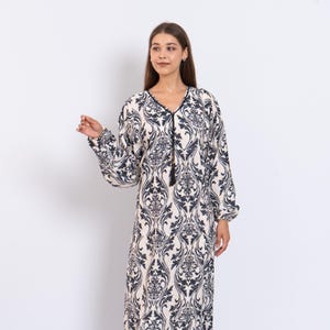 Black Print Viscose Maxi Dress – Puffy Sleeve Boho Caftans for Women – Lightweight Flowy Long Dress – Casual Summer Resort Outfit