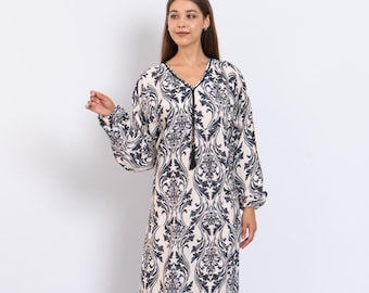 Black Print Viscose Maxi Dress – Puffy Sleeve Boho Caftan, Flowy Summer Resort Outfit