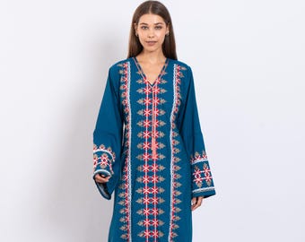 Blue Embroidered Caftan Dress – Long Sleeve Modest Boho Moroccan Abaya Lounge Wear