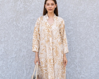 Mustard Print Kaftan Dress – Lightweight Boho Maxi Resort Wear (100% Polyester)