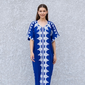 Blue Boho Caftan Dress – Moroccan Embroidered Kaftan for Women – Loose Fit Maxi Dress – Ramadan Eid Abaya – Resort Wear Loungewear