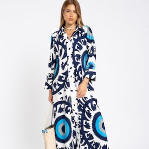 Beautiful sea blue print Caftan dress, Caftans for women, Elegant colorful boho dress, Blue women kaftan