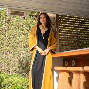 Luxurious half black/mustard gold embroidered caftan, linen/poly caftan, chic caftan, Summer Kaftan, Caftans for women, caftans for women