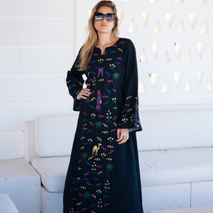 Stunning black embroidered Egyptian caftan, embroidered linen caftan for women, Boho caftan dress, caftans for women, Boho summer caftan