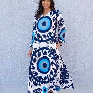 Evil Eye Blue Casual Long sleeve Boho Maxi dress with pockets, Caftans for women, Elegant colorful boho dress, Blue women kaftan