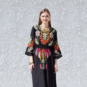 Black colorful embroidered cotton Caftan, caftan Kaftan maxi dress, embroidered Caftan dress, Caftan maxi dress, Caftans for women, Caftans