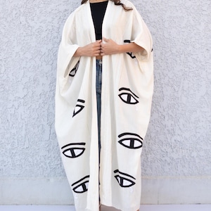 Stunning Off White Horus eye hand loomed Abaya, Gold abaya with silver threads, embroidered Abaya, Embroidered Kimono, Kimonos for women