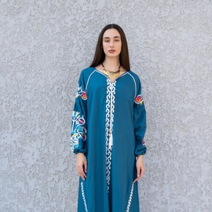 Boho Blue Kaftan maxi dress, Long sleeve cotton Kaftan dress, Colorful embroidered Kaftan dress, kaftan maxi, Caftans for women, Caftans