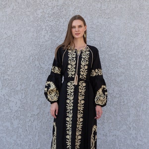 Midi Black cotton kaftan dress, embroidered tunic dress, caftans for women, Egyptian cotton. Summer caftan, party, casual, home dress