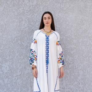 Boho white summer Kaftan, Long sleeve cotton Kaftan dress, Colorful embroidered Kaftan dress, kaftan maxi dress, Caftans for women, Caftans