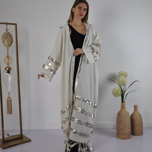 Off white Vintage Morocco Kimono, Handmade Abaya, Summer Abaya, Hooded kimono, Light wool / cotton Kimono, Abaya, Arabic Abaya