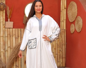 Vestido caftán de algodón bordado, estilo reina egipcia, largo caftán blanco elegante.