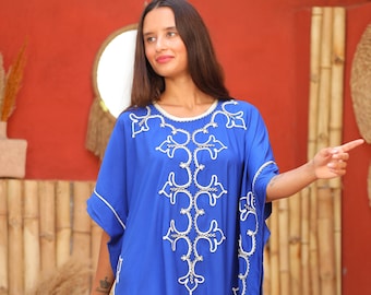 Royal Blue Embroidered Cotton Caftan, Bohemian Summer Kaftan, Free Size